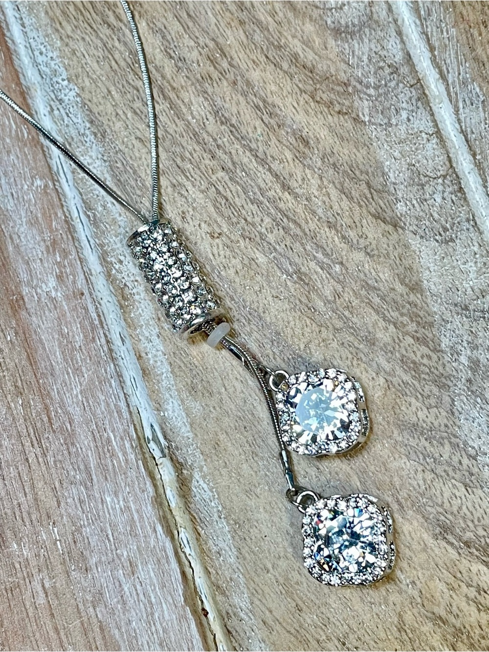 Long Silver Crystal Drop Pendant Necklace